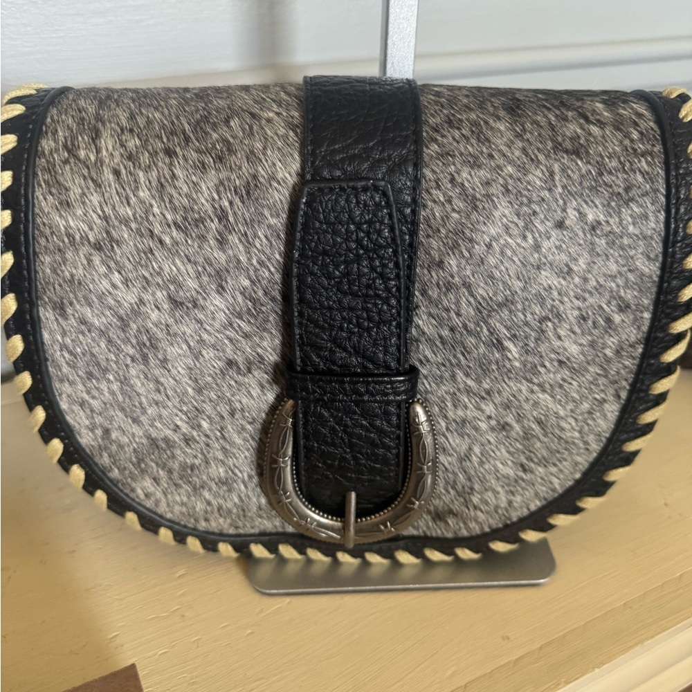 Black and Gray Cow Hide Crossbody Bag with Buckle Accent